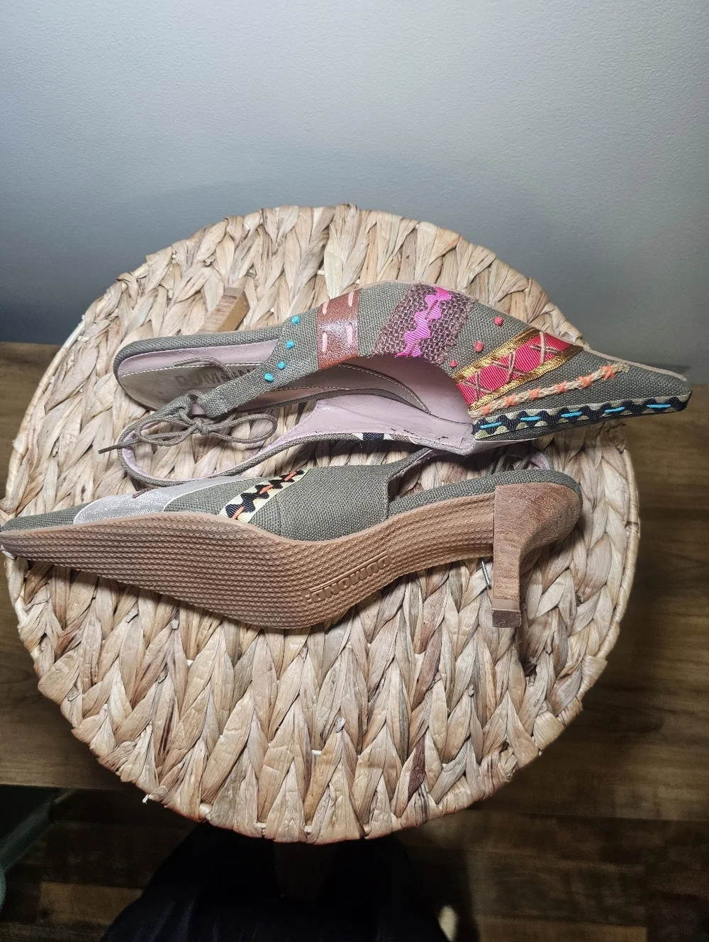Dumond Patchwork Slingback Heels Size 8 Boho Y2K Embroidered Pointed Toe